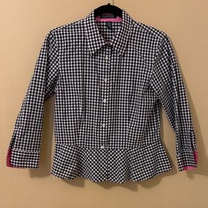 Lauren Ralph Lauren Black and White Gingham Peplum Blouse with Pink Trim Size 8
